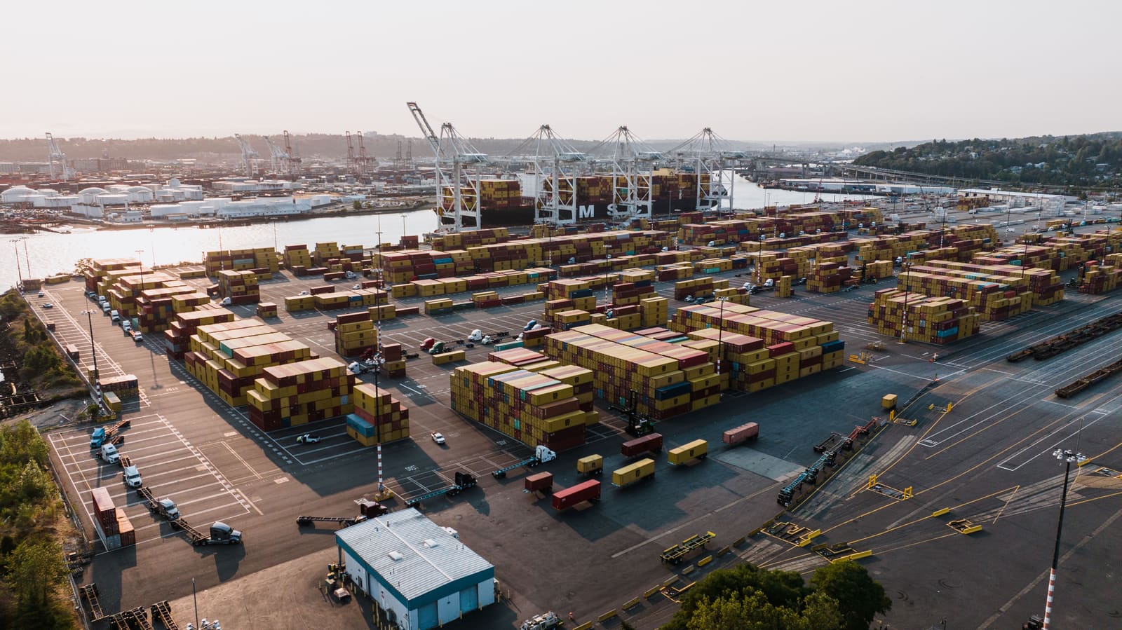 Aerial view of container port operations
