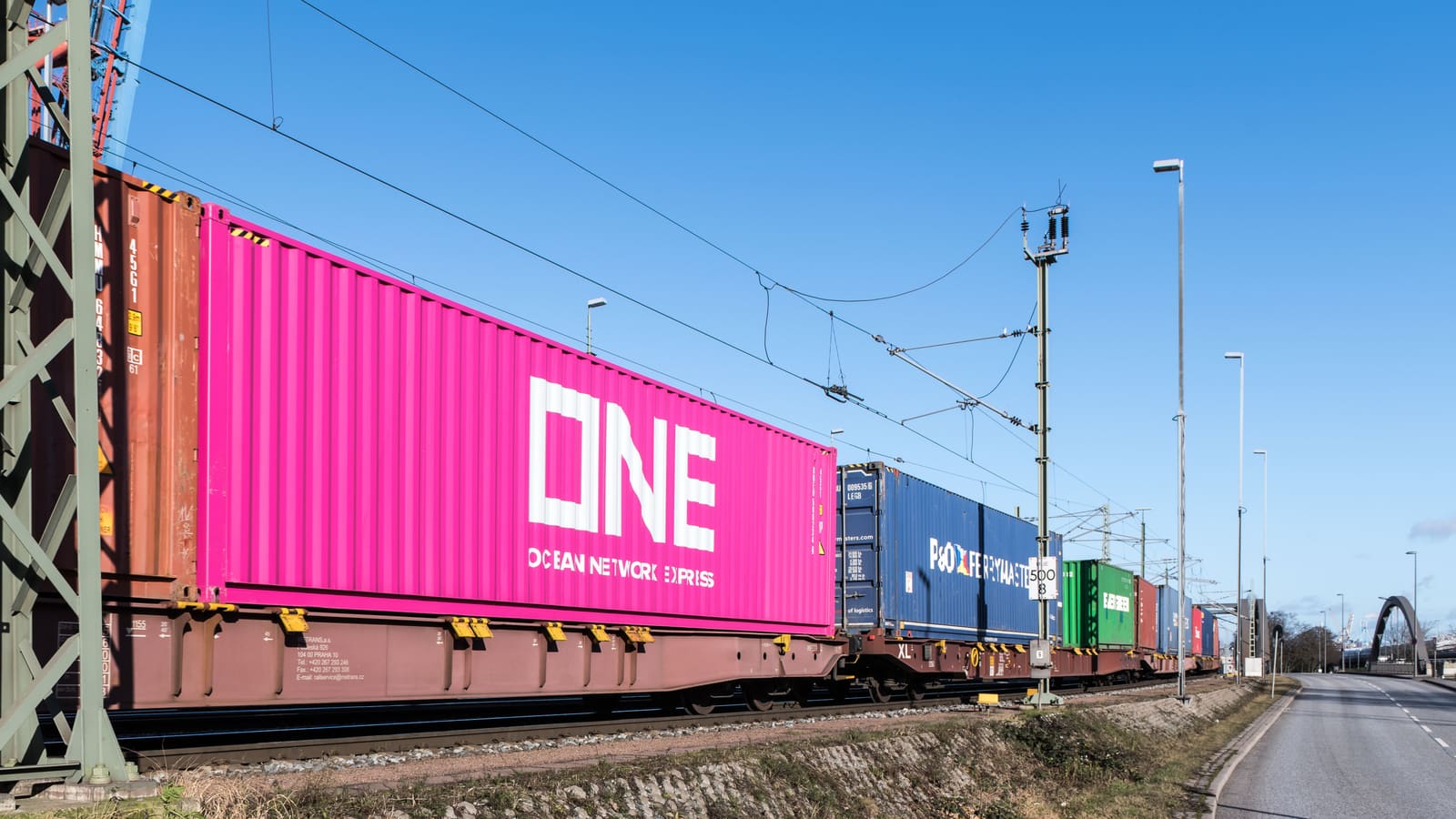 Rail yard with intermodal containers on flatcars